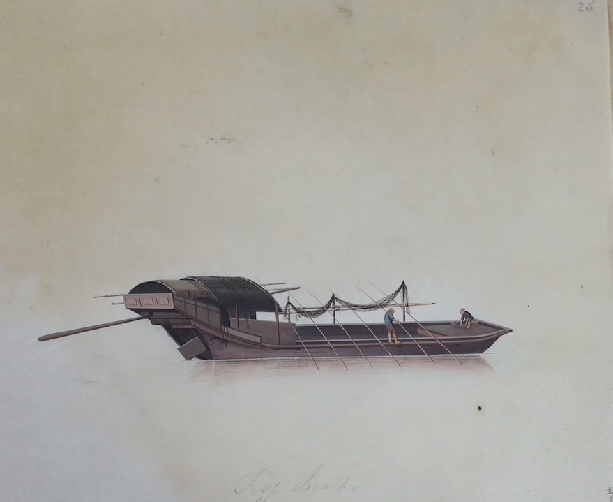 19th century Chinese School, nine gouaches on pith paper, Studies of water-going vessels, inscribed in Chinese and titled in English, giving the names and uses of the various vessels, 29 x 34cm